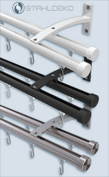 Vorhangstange Bend 2-läufig, Alu-Innenlaufprofil 20mm in Edelstahl-Optik, schwarz oder weiß Komplette Innenlauf-Vorhangstange aus Aluminium, Wandbefestigung Bend 2-Lauf, verschiedene Farben