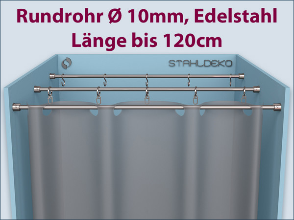 Vorhangstange komplett in Edelstahl, Wandlager für 10mm -Durchmesser Rohre und Stangen Vorhangstange komplett in Edelstahl, Wandlager für 10mm -Durchmesser Rohre und Stangen