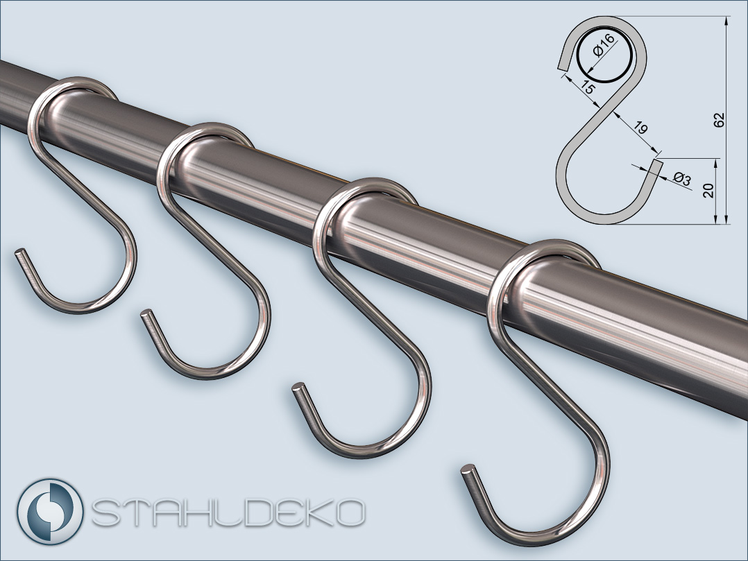 Reling-Haken S-Form für Stangen und Rohre mit 16mm-Durchmesser, Material Edelstahl
