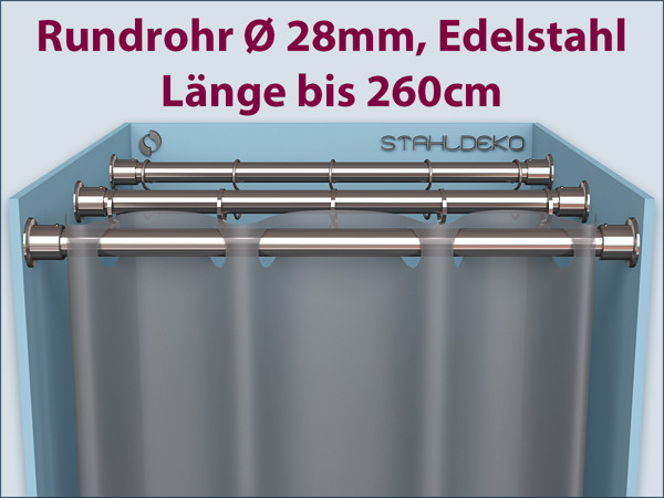 Duschvorhangstange Wand zu Wand mit dem Edelstahlrohr 28mm nach Maß konfigurieren Duschvorhangstange Wand zu Wand mit dem Edelstahlrohr 28mm nach Maß konfigurieren