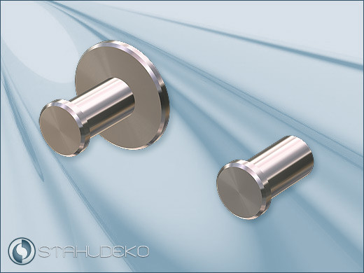 Design-Garderobenhaken oder Kleiderhaken, schlicht und elegant, aus massivem Edelstahl gefertigt, mit oder ohne Rosette. Design-Garderobenhaken oder Kleiderhaken, schlicht und elegant, aus massivem Edelstahl gefertigt, mit oder ohne Rosette.