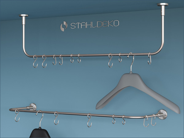 Wand- und Deckengarderobe Sockel-10 aus Edelstahl für Wandmontage oder Deckenmontage. Elegante Edelstahl Wand- und Deckengarderobe Sockel-10 in U-Form, ideal für Flur und Diele.