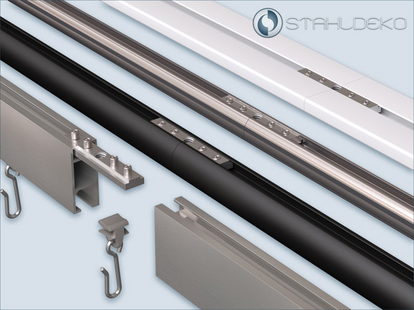 Aluminium-Schienenverbinder für Innenlaufprofile – verschiedene Designs. Schienenverbinder für verschiedene Aluminium-Innenlaufprofile, in Edelstahloptik, Schwarz oder Weiß erhältlich.