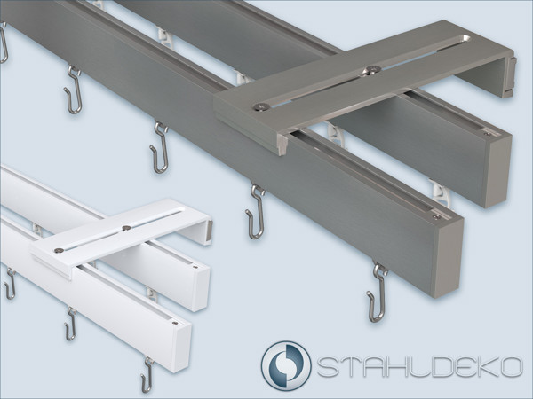 Zweiläufige Gardinenstange sleek 14x35 mm, Edelstahloptik oder weiß Zweiläufige Gardinenstange sleek, eckig, Edelstahl oder weiß