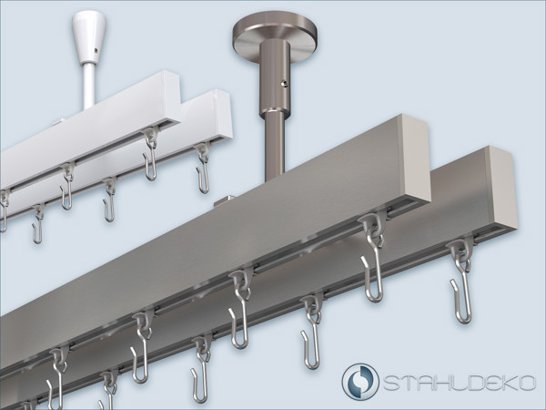 Innenlauf-Vorhangstange Edge 2-läufig – Deckenmontage mit eckigem Aluprofil 14x35mm Zweiläufige Innenlauf-Vorhangstange Edge zur Deckenmontage – Aluminiumprofil 14x35mm in Weiß und Edelstahloptik