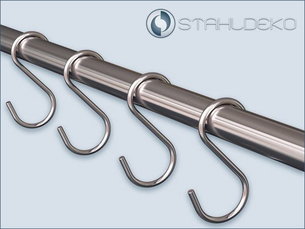 Nirosta-Edelstahlhaken, S-Form für Rohre und Stangen mit 16mm-Durchmesser. Vorhanghaken oder Relinghaken Nirosta-Edelstahlhaken, S-Form für Rohre und Stangen mit 16mm-Durchmesser. Vorhanghaken oder Relinghaken
