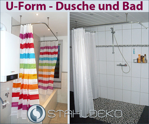 Komplette behindertengerechte Duschvorhangstange über 2 Ecken, mit Alu-Innenlaufprofil Ø 20mm Duschvorhangstange U-Form barrierefrei, für Badewannen oder Dusche, Edelstahl oder Weiß
