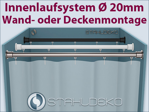 Duschvorhangstange Ø 20mm, Farben Edelstahl oder Weiß, gerade Duschabtrennung mit Innenlauf-System Gerade Duschvorhangstange mit Innenlauf-System für Dusche und Badewanne