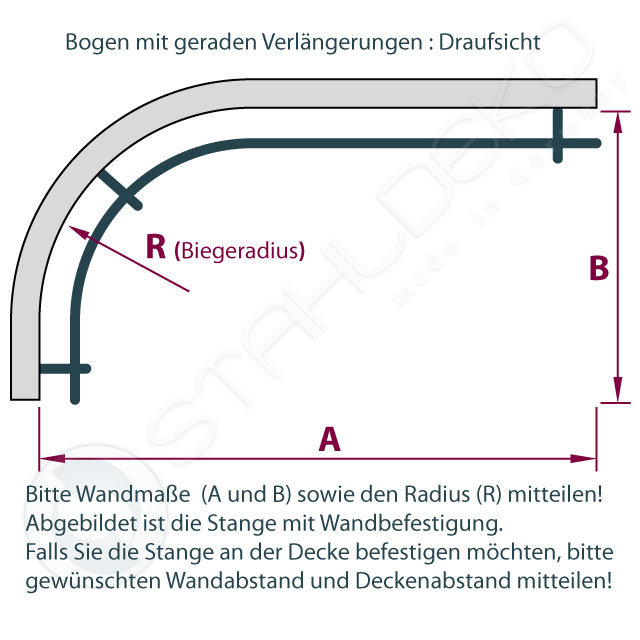 Gardinenstangen biegen in Viertelkreis-Form, gebogen als Bogen mit Verlängerungen