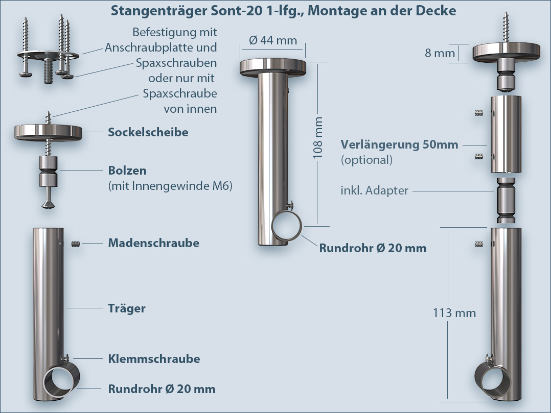 Montage für Decke Vorhangstangen Sont-20 einläufig