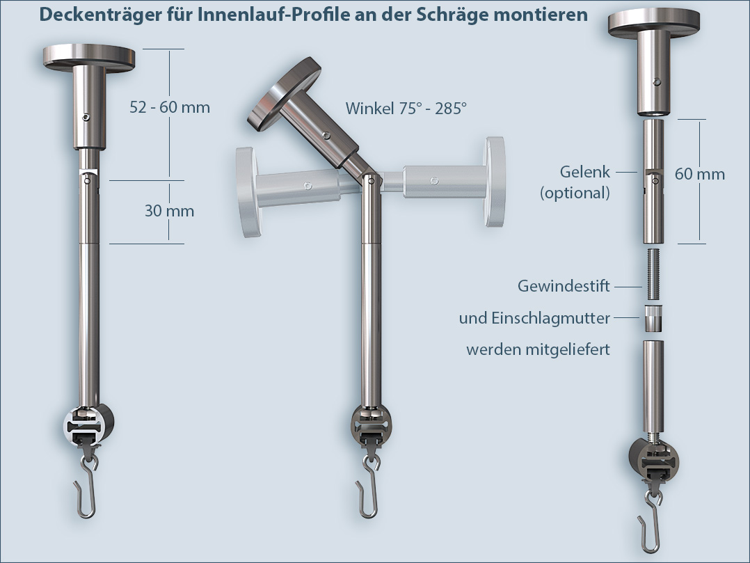 Befestigung für Dachschräge: Innenlauf duschvorhangstange mit Gelenk-System an der Schräge montieren