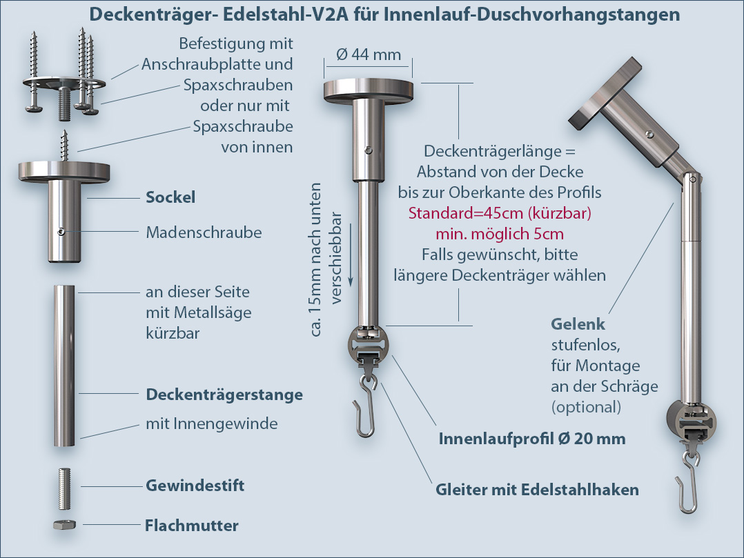 Deckenbefestigung-Edelstahl für runde Duschvorhangstange Viertelkreis-Badewanne Deckenbefestigung-Edelstahl für runde Duschvorhangstange Viertelkreis-Badewanne