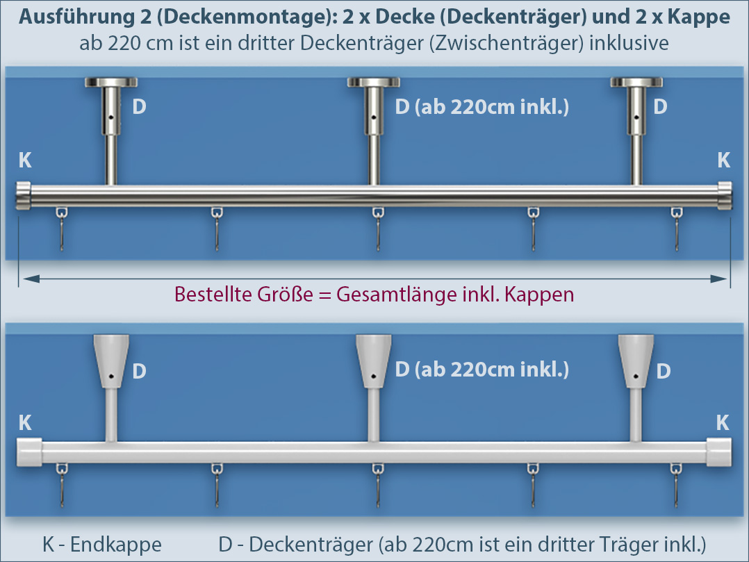 Duschvorhangstange gerade Innenlauf-System Weiß oder Edelstahl, Montage nur an der Decke, für Dusche oder Bad, Ausführung 2