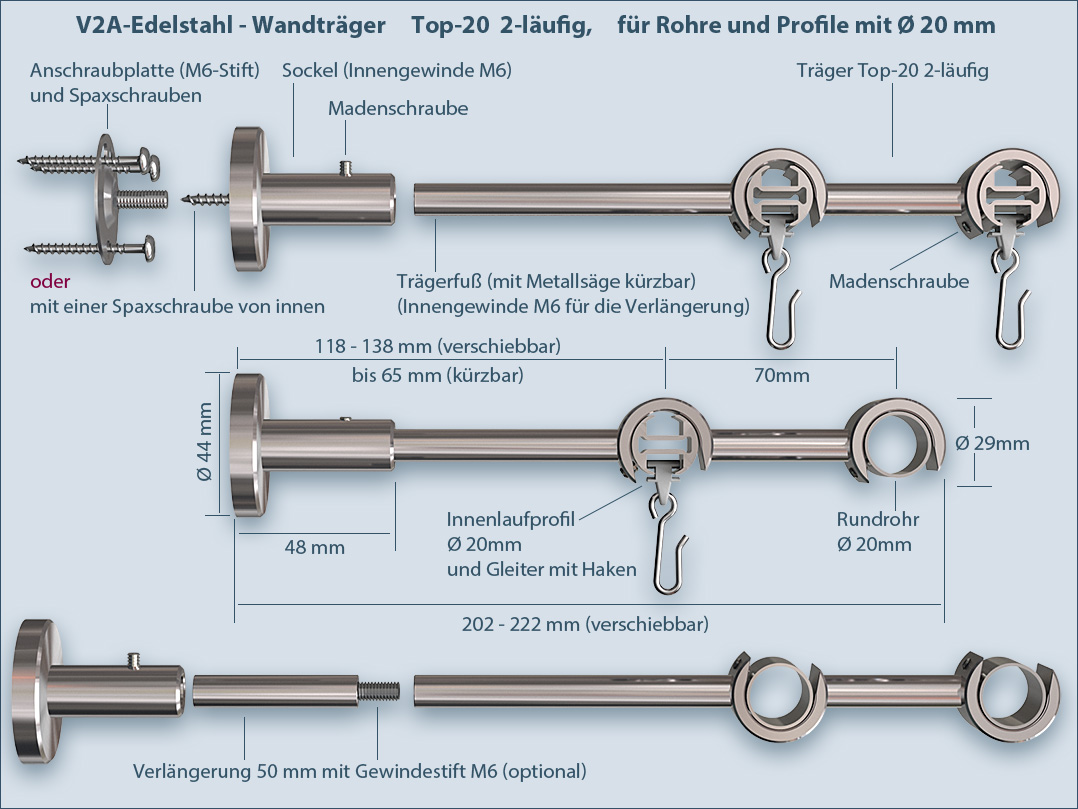 der an Vorhangstange Top-20, Endstücke nach Befestigung Innenlauf Wand, doppelläufig mit