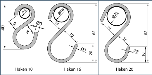 Haken für Duschvorhänge, Material Edelstahl-V2A, Maße