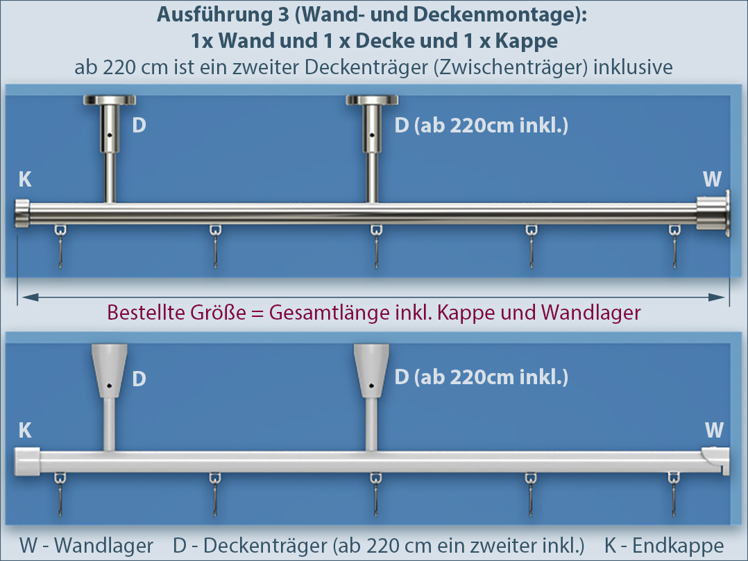 Innenlauf-Stange für Duschvorhang gerade, Wand- und Deckenmontage, für Badewanne oder Dusche, Ausführung 3