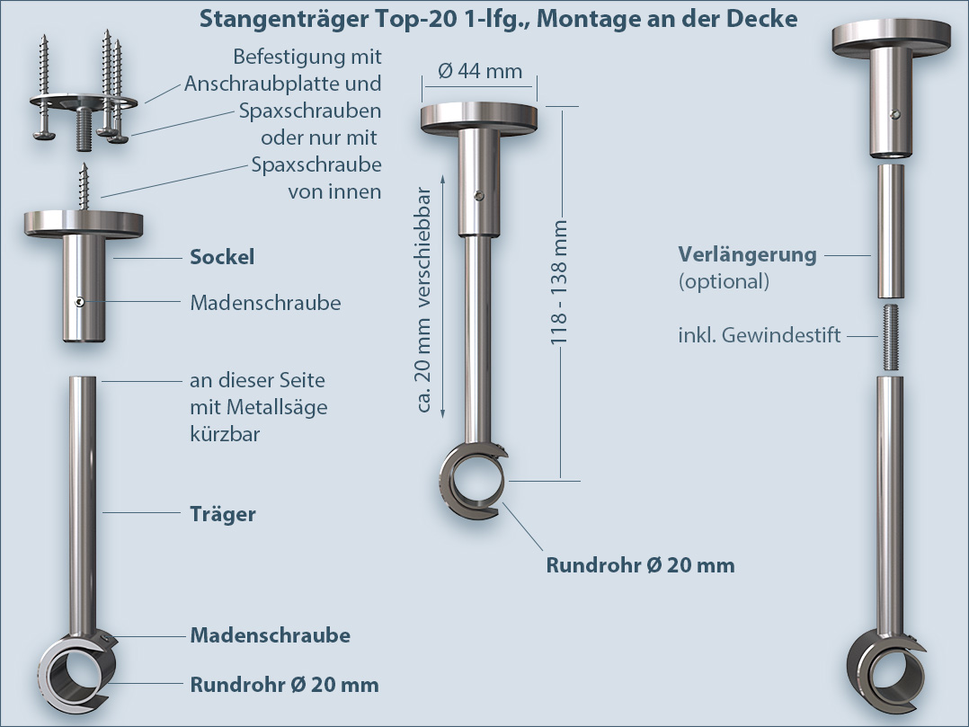 Befestigungssystem für Gardinenstangen Montage an der Decke top-20-einläufig