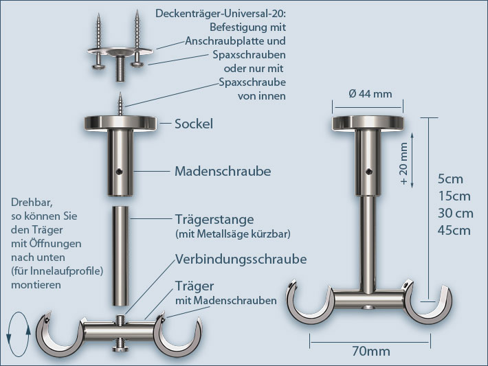 Deckenhalterung für zweiläufige Gardinenstangen: System Universal-20