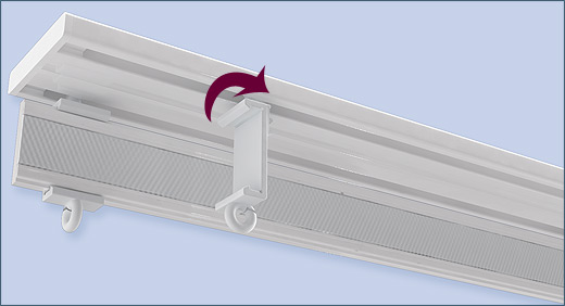 Paneelwagen Montage: die Paneelklipse um 90° in dem Gardinenschienen-Lauf drehen