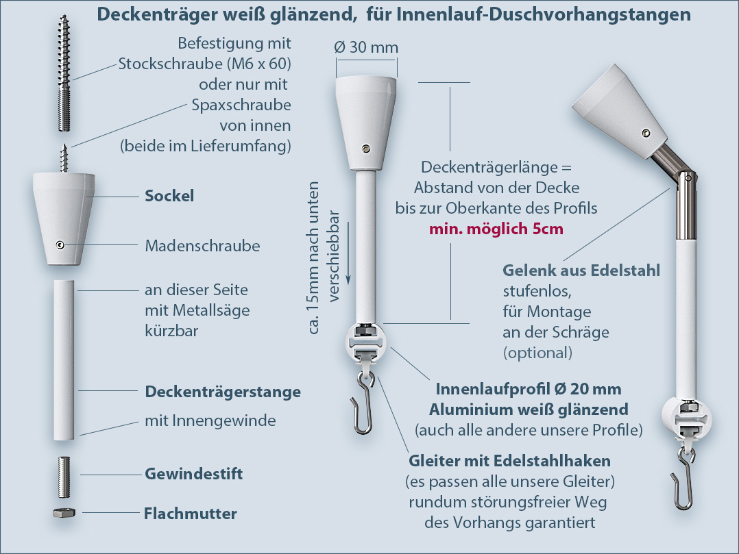 Runde Duschstange für Vorhang weiß Eckbadewanne Viertelkreis Deckenbefestigung Runde Duschstange für Vorhang weiß Eckbadewanne Viertelkreis Deckenbefestigung