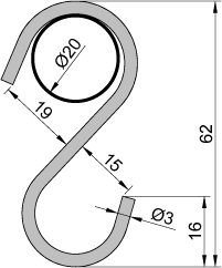 Edelstahlhaken S-Form 20mm, Maße