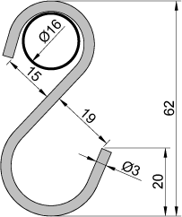 S-Haken aus Edelstahl, 16mm, Maßzeichnung