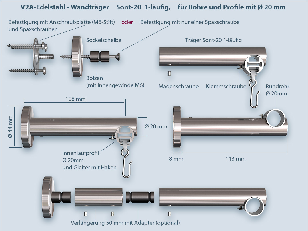 Innenlaufsystem für Vorhangstangen Sont-20, 1-läufig, Wandmontage