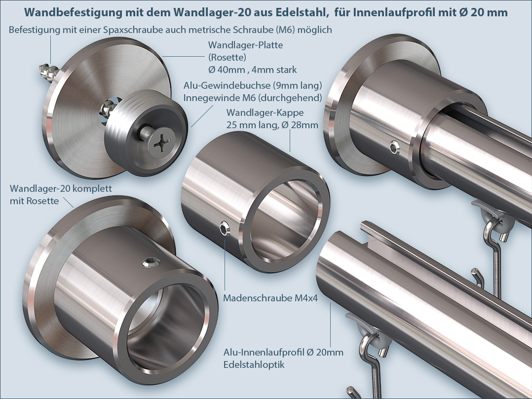 Wandlager Edelstahl für Viertelkreis-Duschvorhangstange im Bad Wandlager Edelstahl für Viertelkreis-Duschvorhangstange im Bad