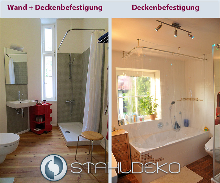 Duschvorhangstangen für Badewanne Beispiele Wand + Deckenbefestigung oder nur Deckenbefestigung