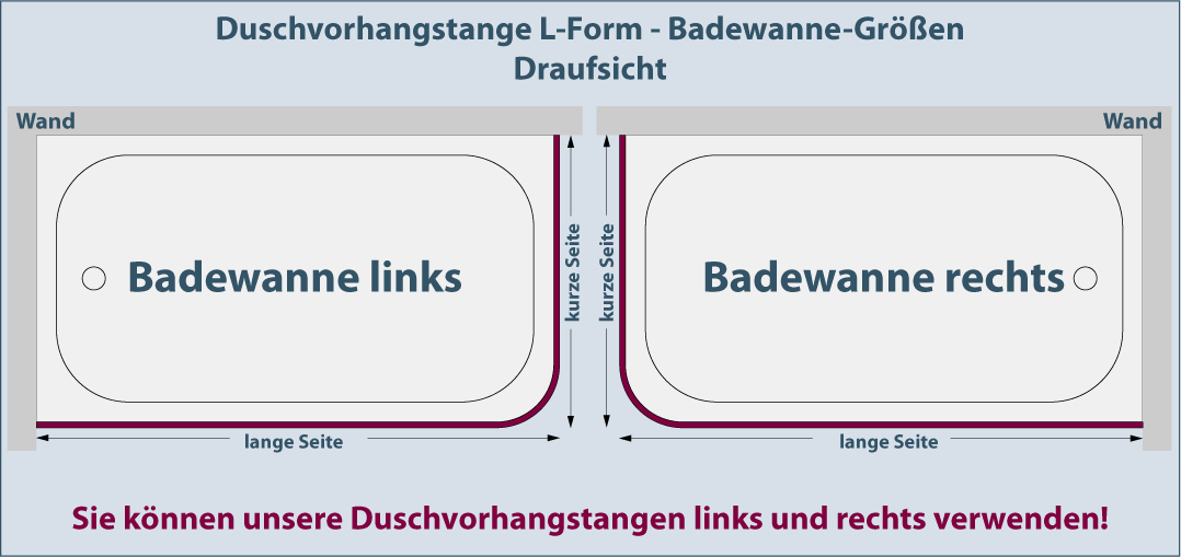 Duschvorhangstange L-Form für Badewanne links und rechts