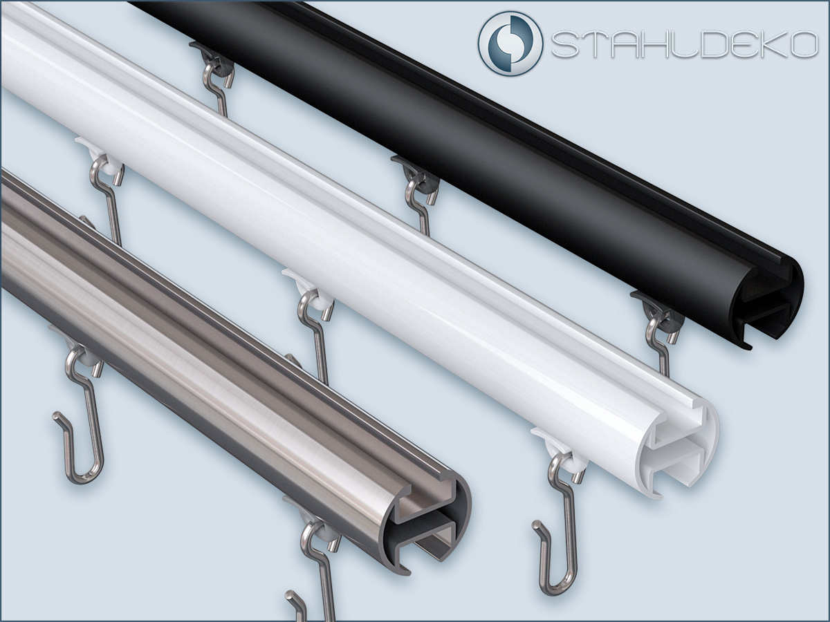 Edelstahl-Optik, Weiß glänzend, Schwarz matt und Schwarz glänzend  - Gardinenstange Bend richtige Oberflächen bestellen
