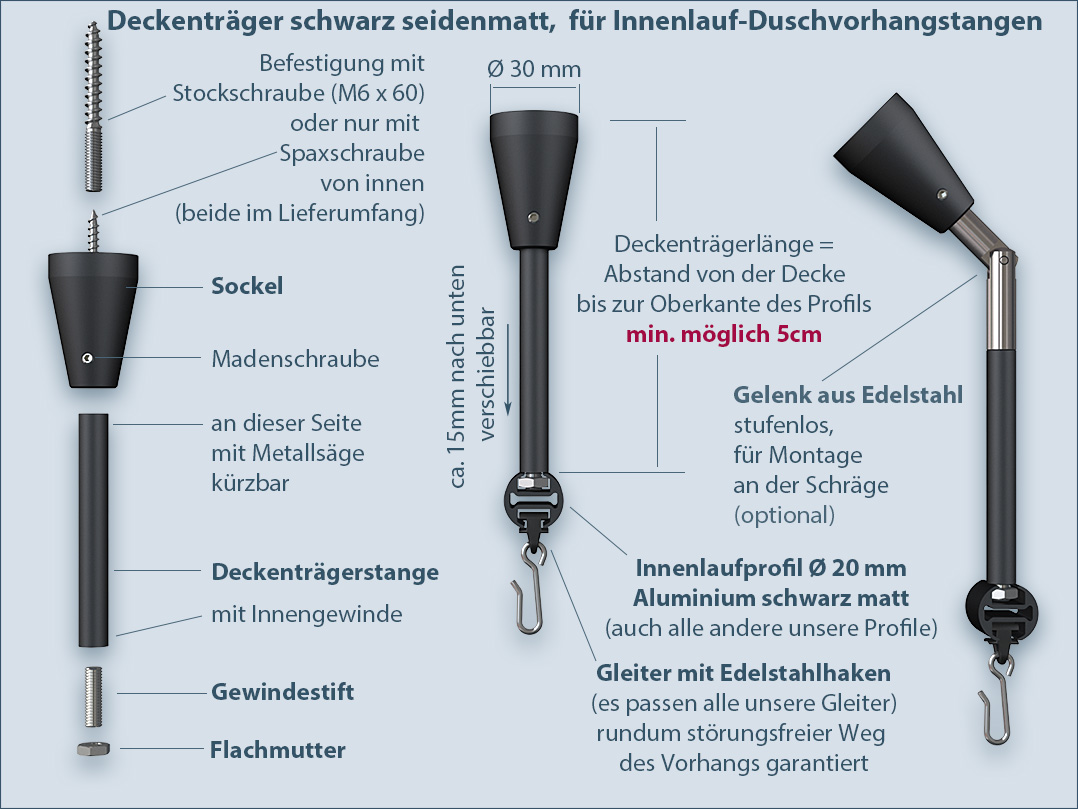 Schwarze Deckenträger-System: Innenlauf Duschvorhangstange an der Decke befestigen