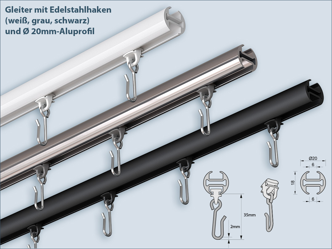 Vorhangstange Bend 2-läufig, Alu-Innenlaufprofil in Edelstahl-Optik,  schwarz oder