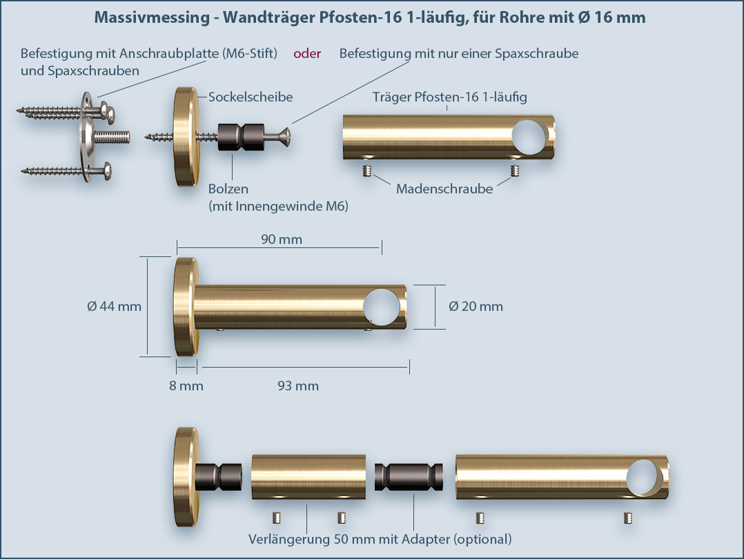 Messing-Gardinenstange pfosten-16 Wandmontage-System 1-läufig