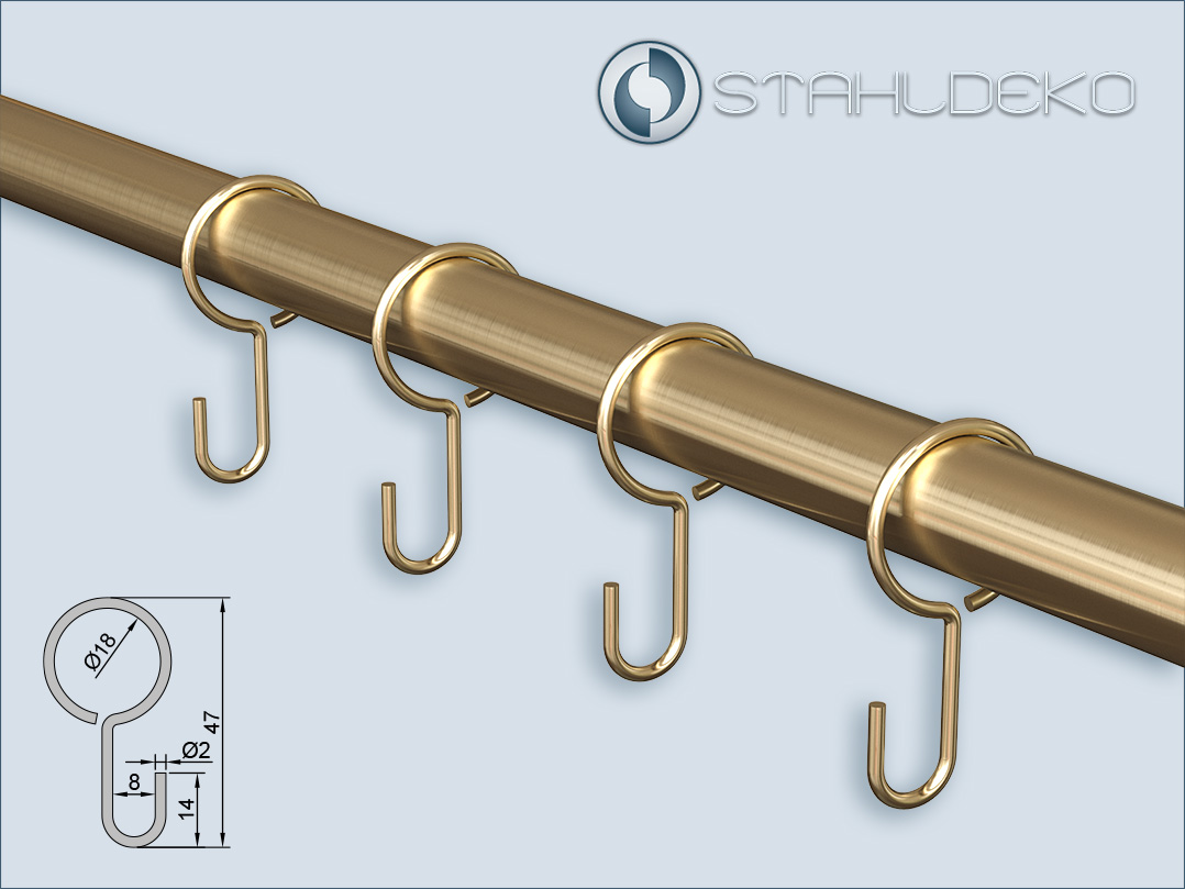 Messinghaken aus Stahl vermessingt für Gardinenstange mit 16 Durchmesser mitbestellen.