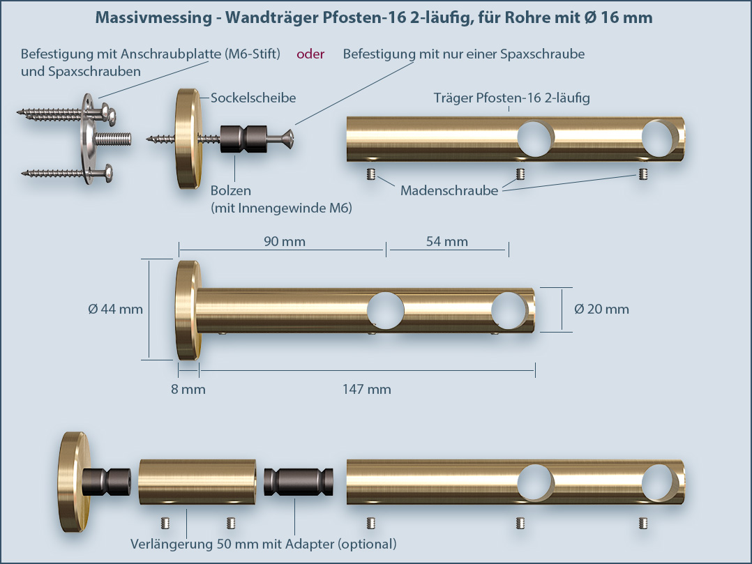 Messing-Vorhangstange pfosten-16 Wandmontage-System 2-läufig