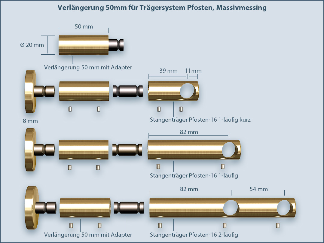 Befestigungssystem: Messing-Verlängerung (50mm) für Träger Pfosten