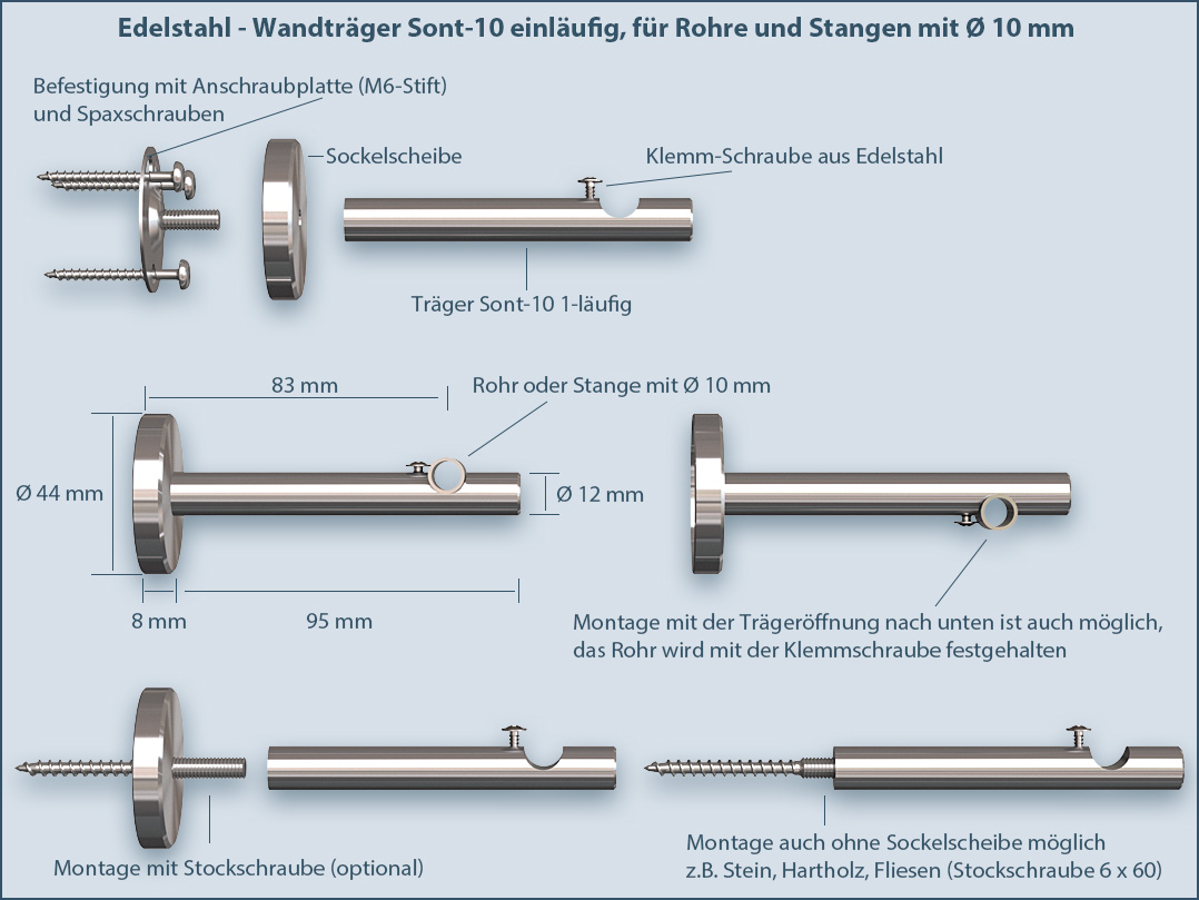 Gardinenstange Befestigung an der Wand System Sont-10 1-lfg. Edelstahl