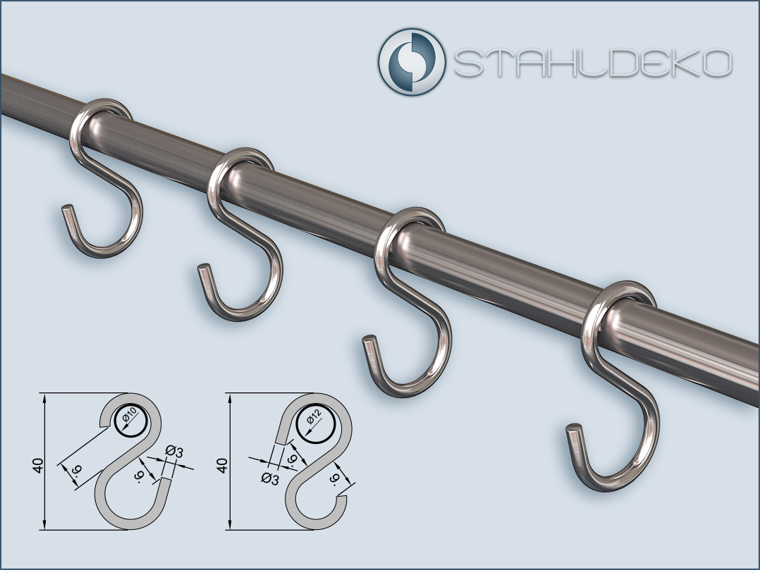 Haken S-Form für Stangen und Rohre mit 10mm und 12mm-Durchmesser, Material Edelstahl