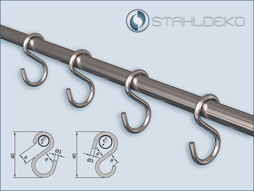 S-Haken für Stangen und Rohre mit 10mm und 12mm-Durchmesser, Material Edelstahl-V2A