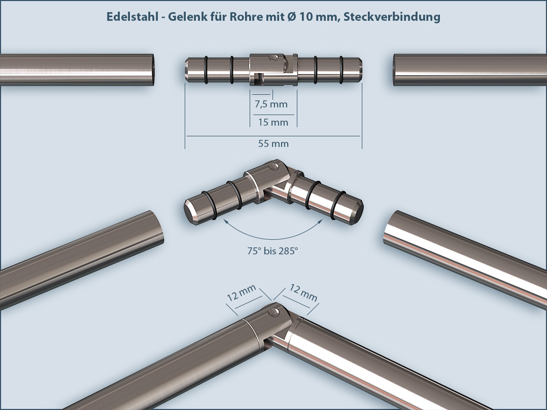 Erkergelenk mit dem Stecksystem für 10mm Rohre um eine gebogene Reling zu realisieren