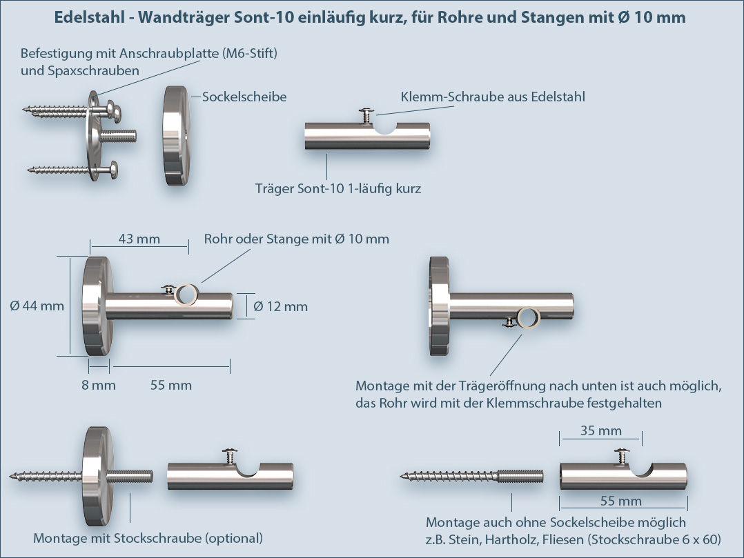 Wandhalterung für die Reling sont-10mm kurz für Stangen und Rohre mit dem 10mm-Durchmesser für Küchen-Bereich