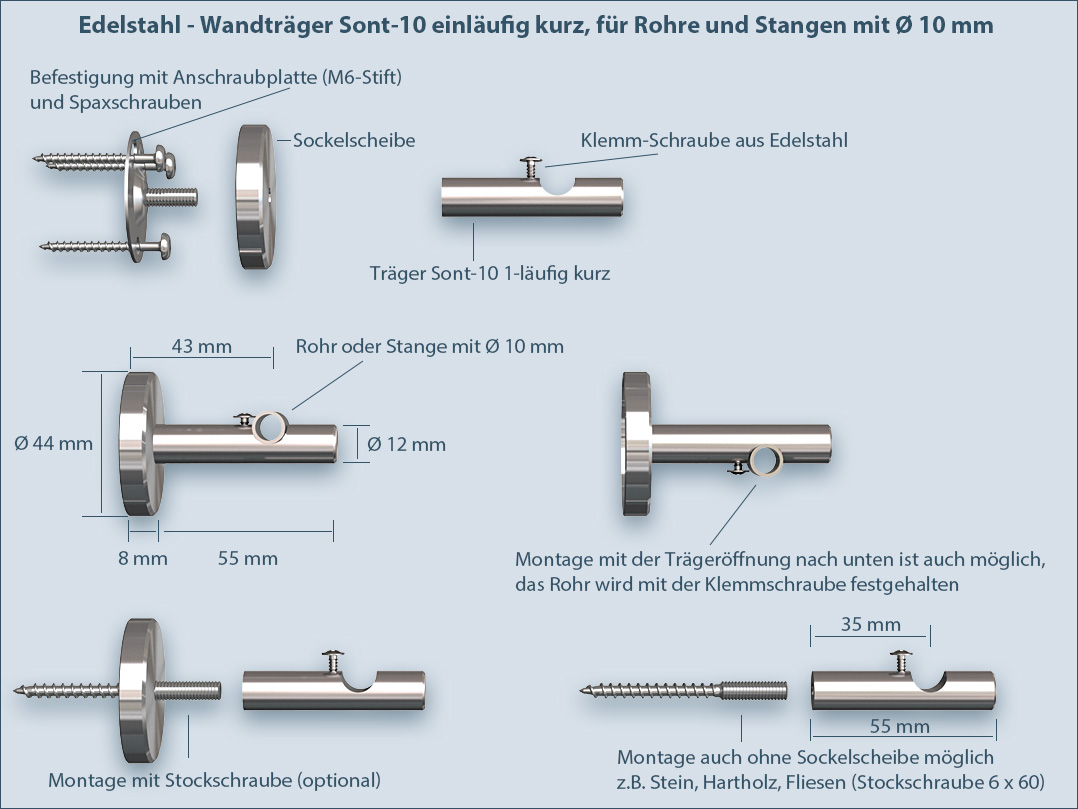 Wandhalterung Sont-10 kurz für Rohre und Stangen mit 10mm Durchmesser für Bad, Küche und Wohnbereich