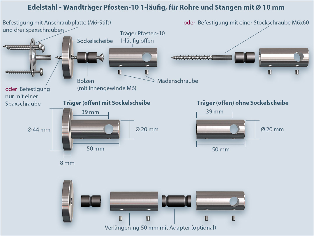 Gardinenstange pfosten-10 Wandbefestigung-System 1-läufig