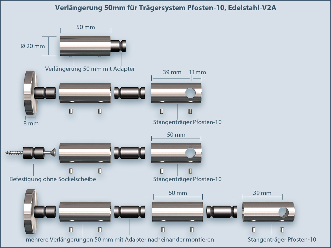 Befestigungssystem: Edelstahl-Verlängerung Pfosten (50mm) für Wandträger und Deckenträger Pfosten mit 10mm-Rohrdurchmesser