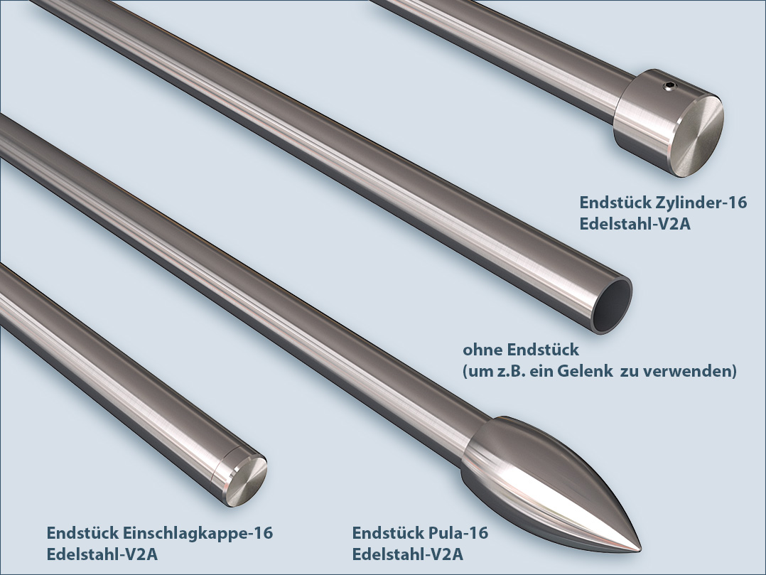 Verschiedene Endstücke für 16mm-Rohre