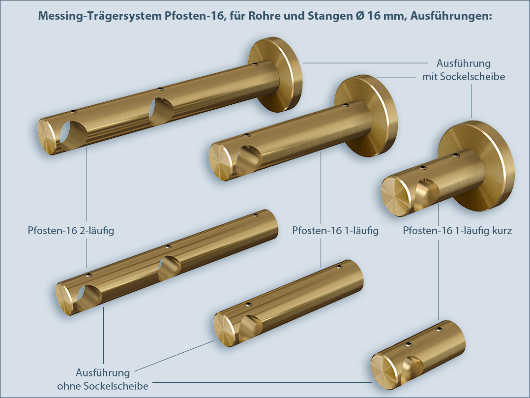 Anwendungsbeispiele und Befestigungssystem: Stangenträger - Gardinenhalter Pfosten-16 aus Massiv-Messing