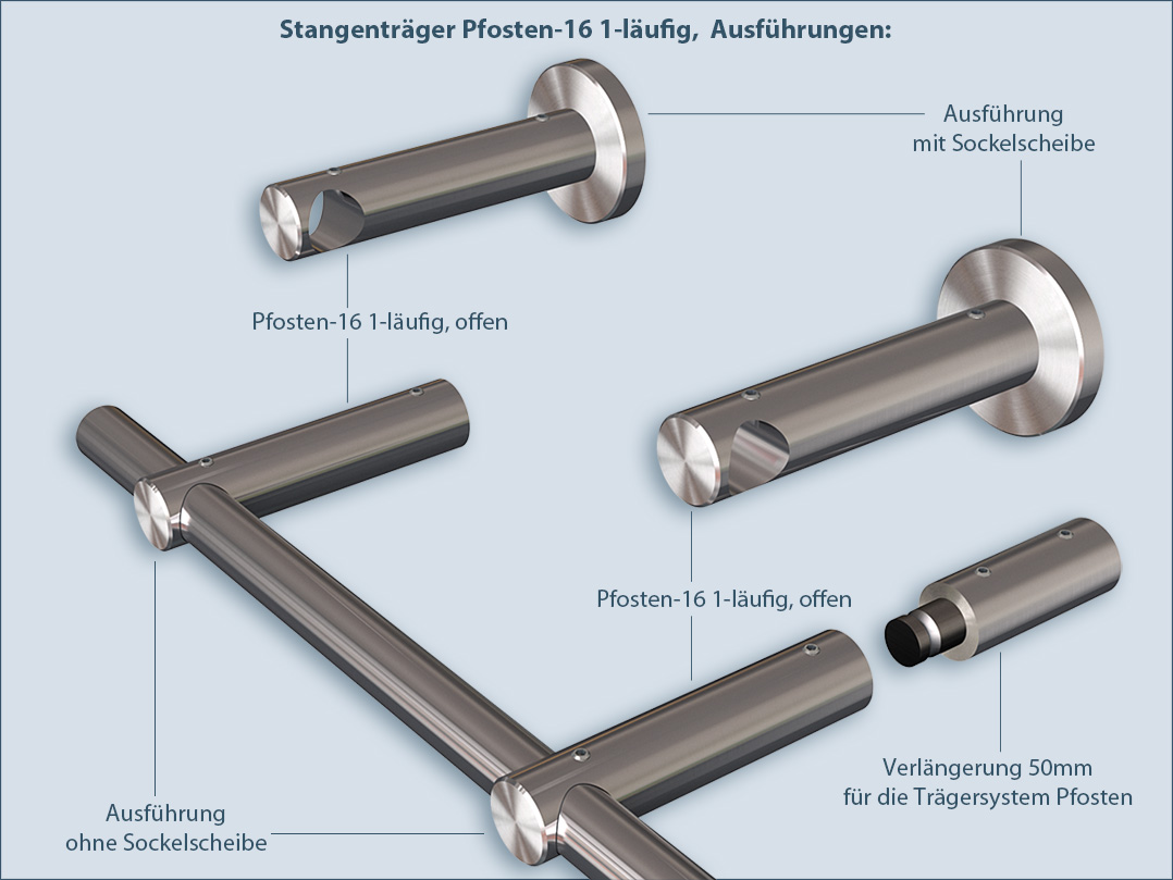 Gardinenstangen-Halter Pfosten-16 1-läufig aus Edelstahl