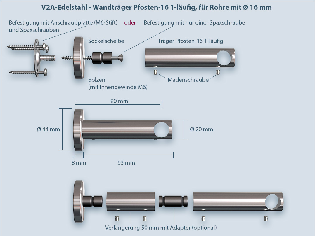 Gardinenstange Pfosten-16mm 1-läufig nach Maß