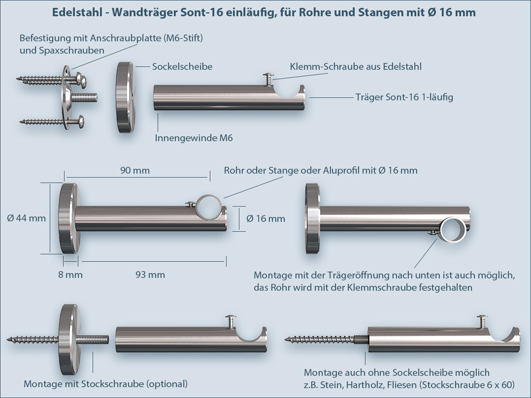 Befestigung Anleitung: Zwischen-Träger sont-16 1-läufig für Gardinenstangen und Vorhangstangen aus Edelstahl